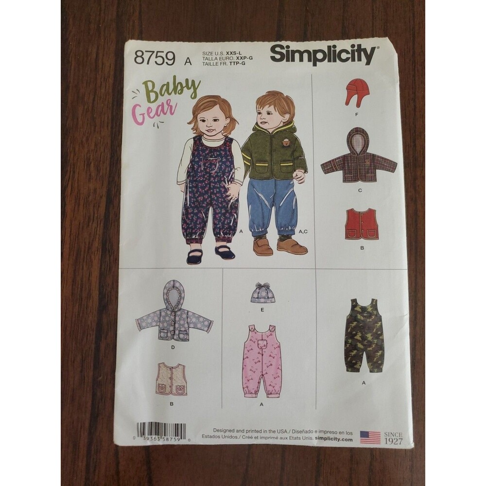 Simplicity 8759 Baby Gear Uncut, New  Pattern Overalls Jacket Vest Hats XXS- L
